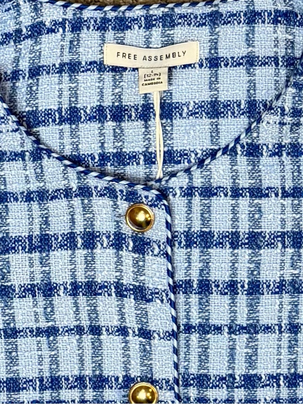 Free Assembly Blue Tweed Vest NWT Size Large | Sleeveless | Preppy | Chic | Gold - Picture 5 of 9